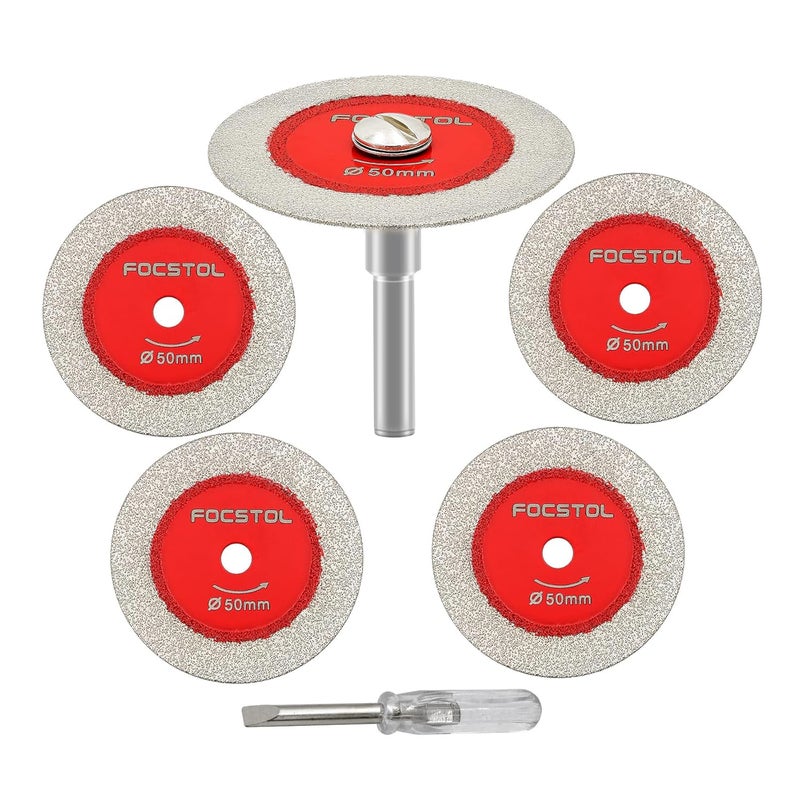 FOCSTOL Mini Diamond Glass Cutting Disc - 5pcs 2 Inch(50mm) Blade and 1pc 1/4 Inch(6mm) Round Shank for Glass Jade Marble Granite Artificial Stone Porcelain Tile Ceramic - Image 1